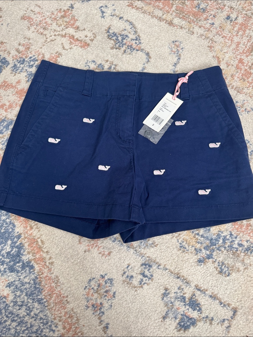 Vineyard Vines Navy Embroidered Pink Whale Shorts